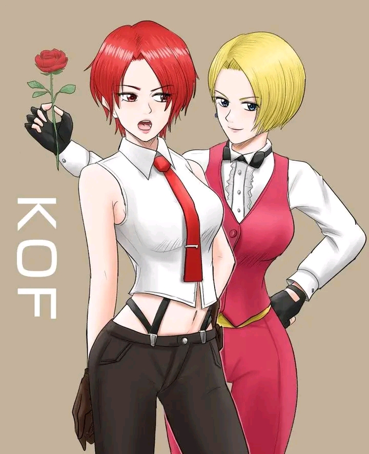 2girls, black_gloves, black_ribbon, blonde_hair, blue_eyes, breasts, fingerless_gloves, flower, formal_clothes, gloves, gokigenyoucyan, green_pants, king_(snk), large_breasts, leather, leather_gloves, mature_female, medium_breasts, multiple_girls, navel, open_mouth, pants, purple_pants, purple_vest, red_eyes, red_hair, ribbon, rose, shirt, short_hair, sleeveless, smile, snk, suit, suspenders, the_king_of_fighters, tie, vanessa_(kof), vest, white_shirt