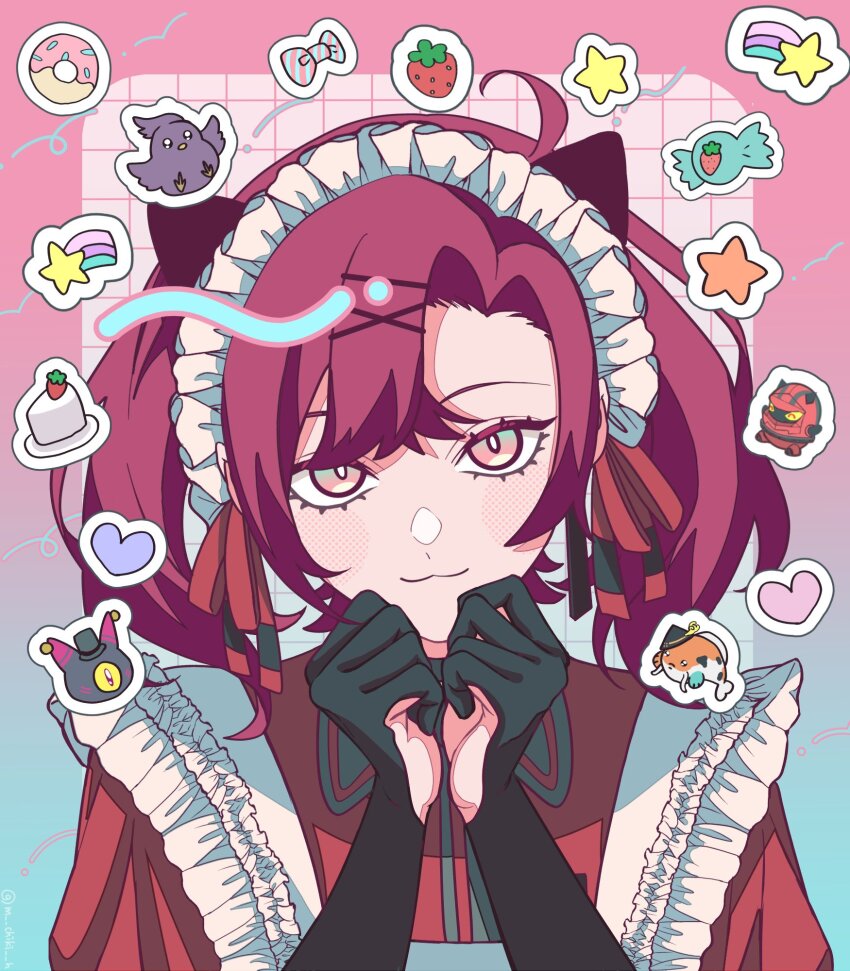 1boy, :3, alternate_costume, alternate_hairstyle, animal_ear_hairband, animal_ears, apron, black_gloves, cake, cake_slice, candy, cat_ear_hairband, cat_ears, clothing_cutout, crossdressing, crossdressing_(mtf), donut, earrings, elbow_gloves, fake_animal_ears, food, frilled_apron, frills, fruit, glove_cutout, gloves, gradient_eyes, green_eyes, grid, hair_ornament, hairband, hairclip, hakkito_(banzoin_hakka), hands_on_own_face, heart, highres, holostars, holostars_english, jewelry, koipanion_(josuiji_shinri), looking_at_viewer, m_chikih, machina_x_flayon, maid, maid_apron, maid_headdress, multicolored_eyes, orange_eyes, parted_bangs, phantom_(gavis_bettel), puffy_sleeves, r-trus_(machina_x_flayon), red_hair, red_ribbon, red_shirt, ribbon, shirt, shooting_star_(symbol), single_earring, smile, solo, star_(symbol), sticker, strawberry, twintails, virtual_youtuber, x_hair_ornament