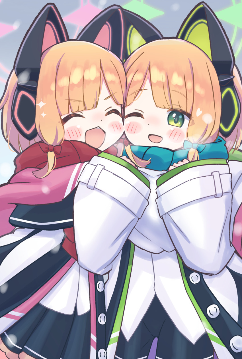 2girls, animal_ear_headphones, animal_ears, black_skirt, blonde_hair, blue_archive, blush, bow