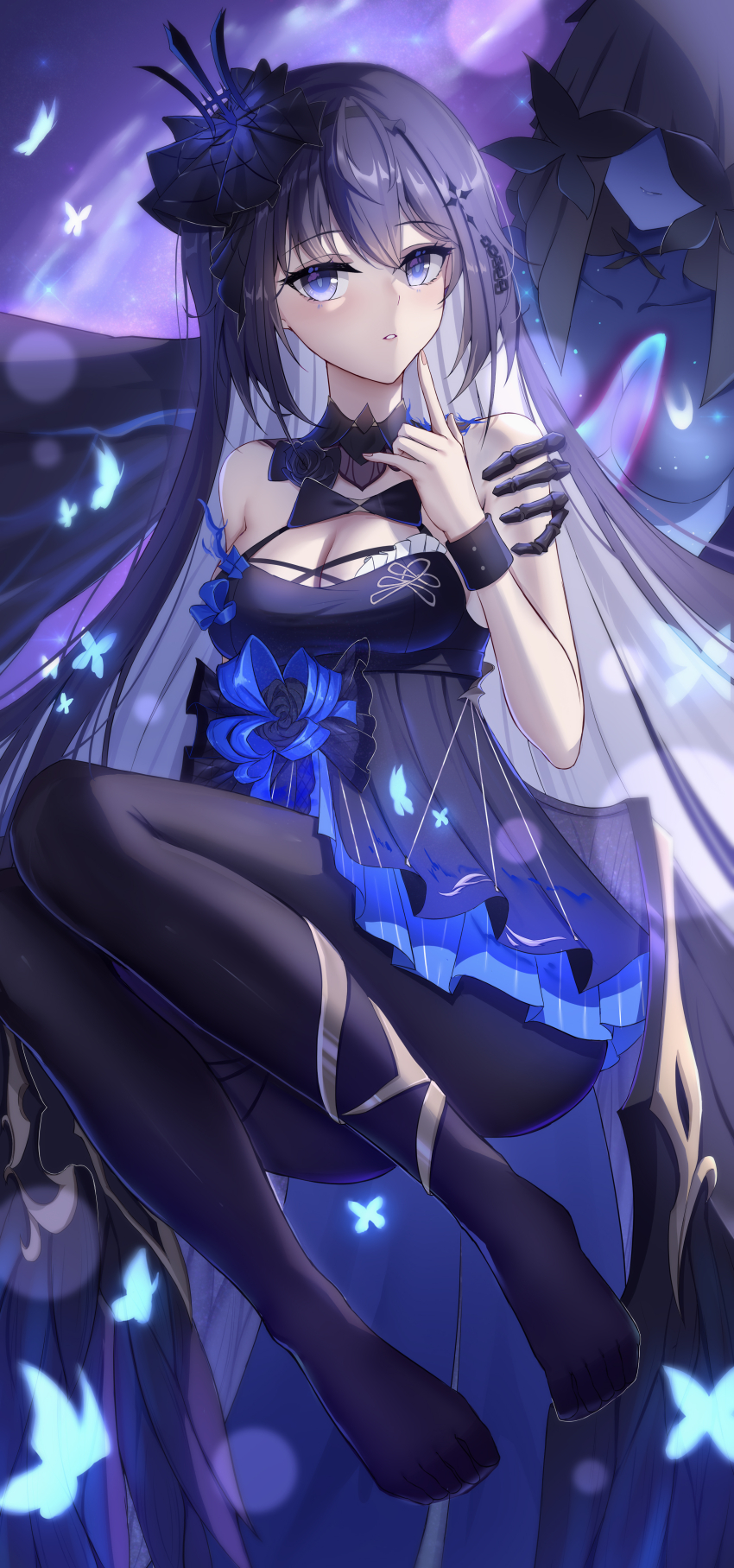 1girl, absurdres, bare_shoulders, black_dress, black_flower, black_hair, black_pantyhose, blue_butterfly