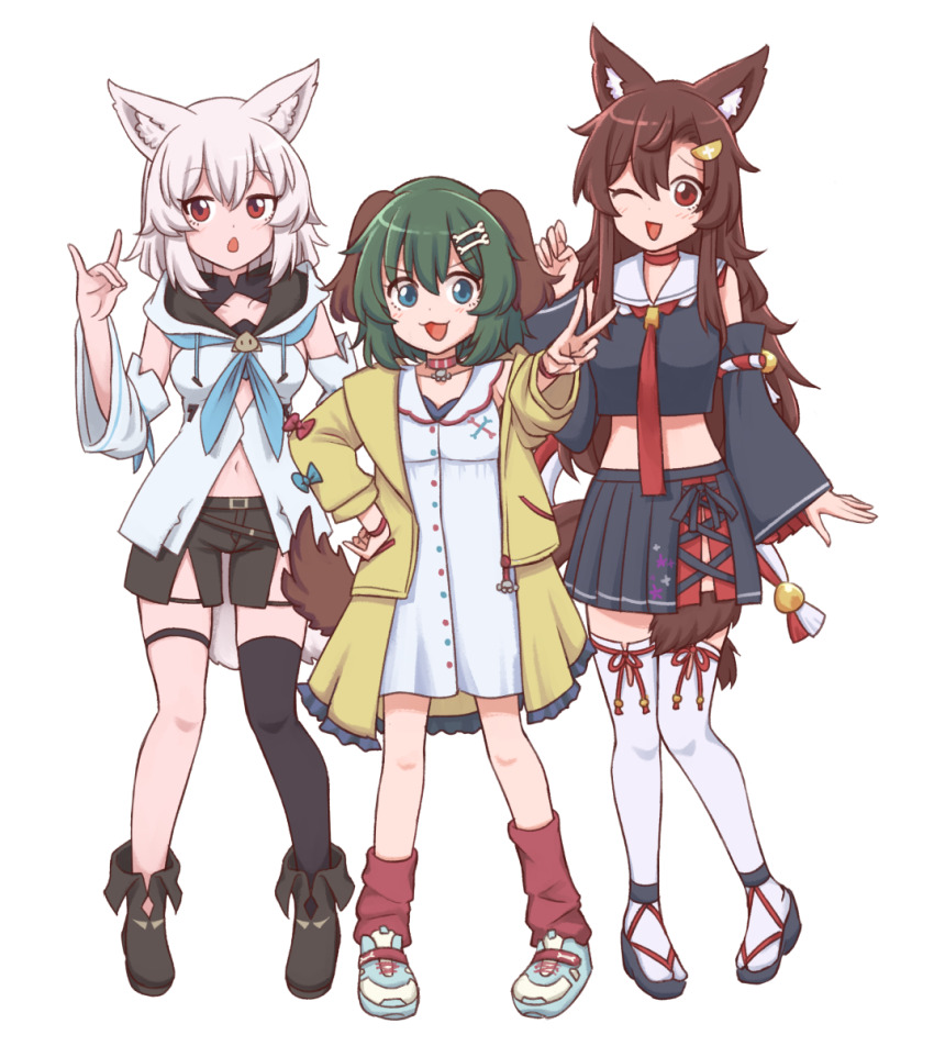 3girls, animal_ears, black_shirt, black_shorts, black_skirt, black_thighhighs, blue_eyes, brown_hair