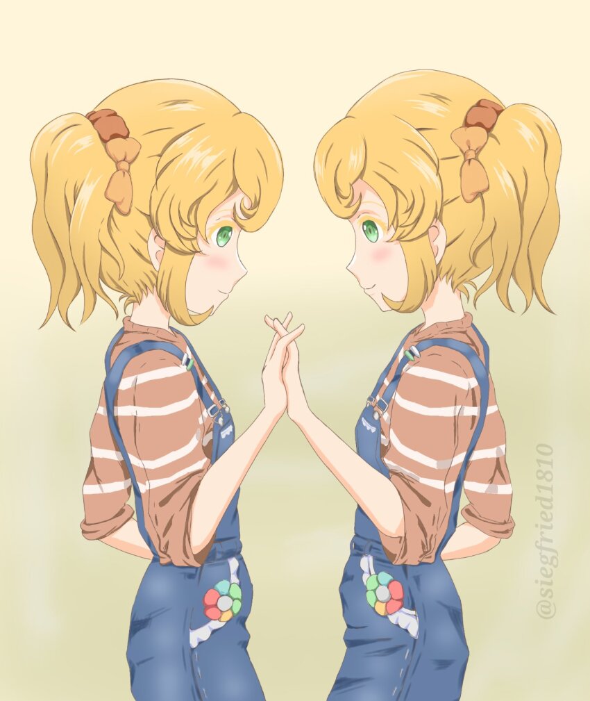 2girls, blonde_hair, child, face-to-face, green_eyes, hair_ornament, highres, holding_hands