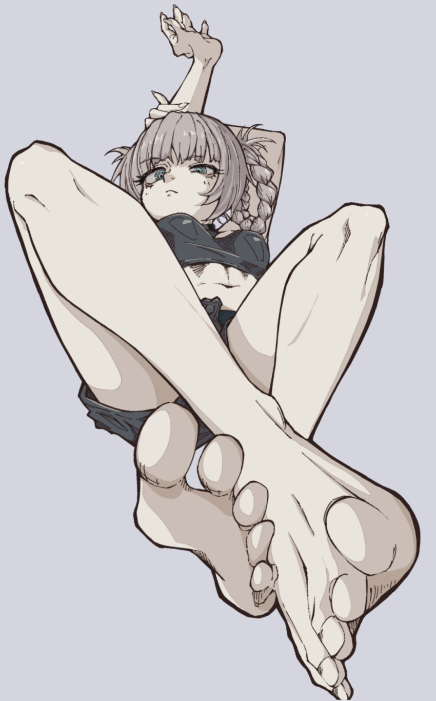 1girl, barefoot, blue_eyes, braid, feet, grey_hair, highres, jam_(jaaaaaaaamjam), long_hair, looking_at_viewer, nanakusa_nazuna_(yofukashi_no_uta), soles, stretching, toes, twin_braids, yofukashi_no_uta