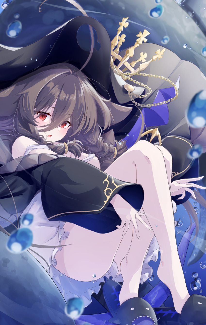 1girl, absurdres, ahoge, animal_slippers, ass, azur_lane, bare_shoulders, black_coat, black_hair, braid, bubble, coat, commentary_request, crown, dress, hair_between_eyes, hat, highres, huge_ahoge, leer.meer, legs, long_hair, long_sleeves, looking_at_viewer, off_shoulder, open_mouth, pirate_hat, red_eyes, shark_slippers, slippers, solo, tentacles, thighs, twin_braids, underwater, very_long_hair, white_dress, whydah_(azur_lane)