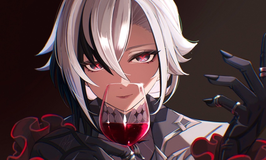 1girl, alcohol, arlecchino_(genshin_impact), basilian_31, black_eyes, black_hair, black_hands, black_nails