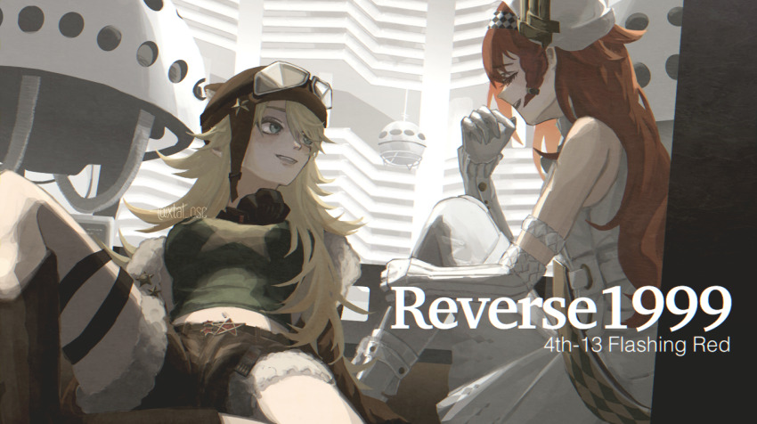 2girls, animal_ear_headwear, animal_ears, artist_name, bare_shoulders, belt, beret, blonde_hair, blue_eyes, boots, breasts, brown_footwear, brown_headwear, brown_jacket, brown_shorts, camisole, checkered_hairband, closed_eyes, copyright_name, dress, english_text, fake_animal_ears, fur-trimmed_jacket, fur-trimmed_shorts, fur_trim, gloves, goggles, goggles_on_headwear, green_camisole, grin, hairband, hand_on_own_leg, hand_up, hat, helmet, indoors, jacket, knee_boots, knee_up, large_breasts, lilya_(reverse:1999), looking_at_another, mask, mask_around_neck, midriff, multiple_girls, navel, on_ground, open_mouth, orange_hair, oxygen_mask, pantyhose, pilot_helmet, profile, reverse:1999, sash, shorts, shoulder_sash, sitting, sleeveless, sleeveless_dress, smile, sonetto_(parade_anthem)_(reverse:1999), sonetto_(reverse:1999), teeth, thigh_belt, thigh_strap, turning_head, white_dress, white_footwear, white_gloves, white_headwear, white_pantyhose, xtal, yellow_sash