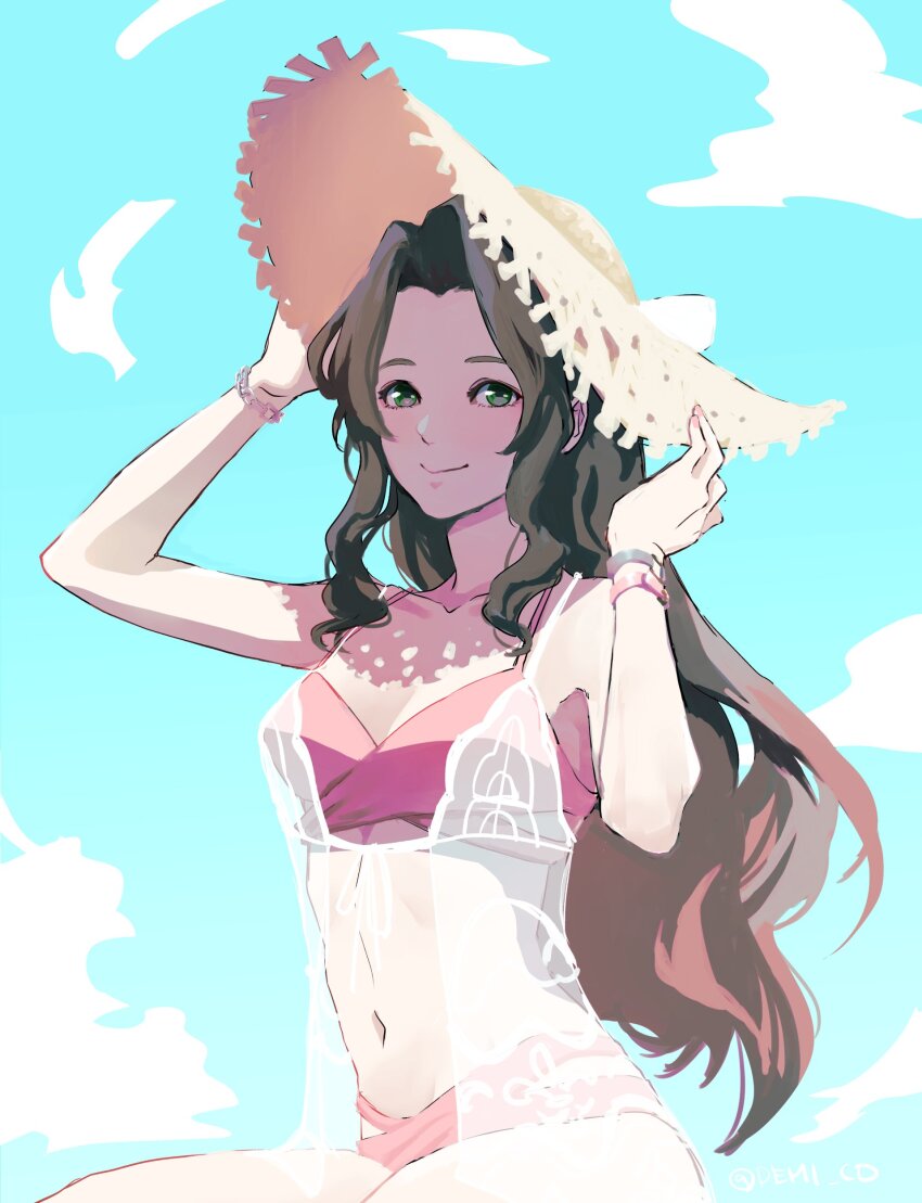 1girl, absurdres, aerith_gainsborough, aerith_gainsborough_(sunny_robe), bare_shoulders, bikini, bracelet, breasts, brown_hair, cleavage, closed_mouth, collarbone, costa_del_sol, demi_co, final_fantasy, final_fantasy_vii, final_fantasy_vii:_ever_crisis, final_fantasy_vii_remake, green_eyes, hat, highres, holding, holding_unworn_clothes, holding_unworn_hat, jewelry, lace, long_hair, looking_at_viewer, medium_breasts, midriff, navel, official_alternate_costume, outdoors, parted_bangs, pink_bikini, sidelocks, sitting, smile, solo, straw_hat, swimsuit, unworn_hat, unworn_headwear, wavy_hair