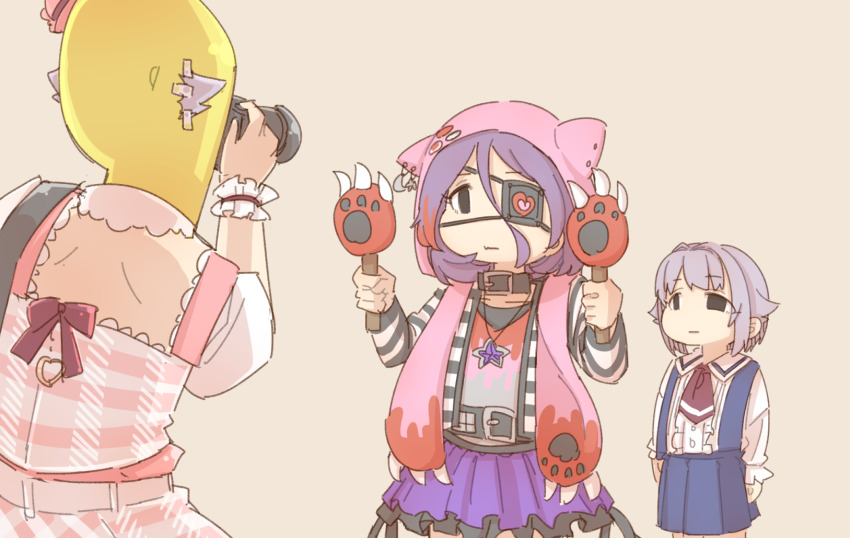 1other, 2girls, animal_ears, backless_dress, backless_outfit, black_eyes, blue_skirt, brown_background