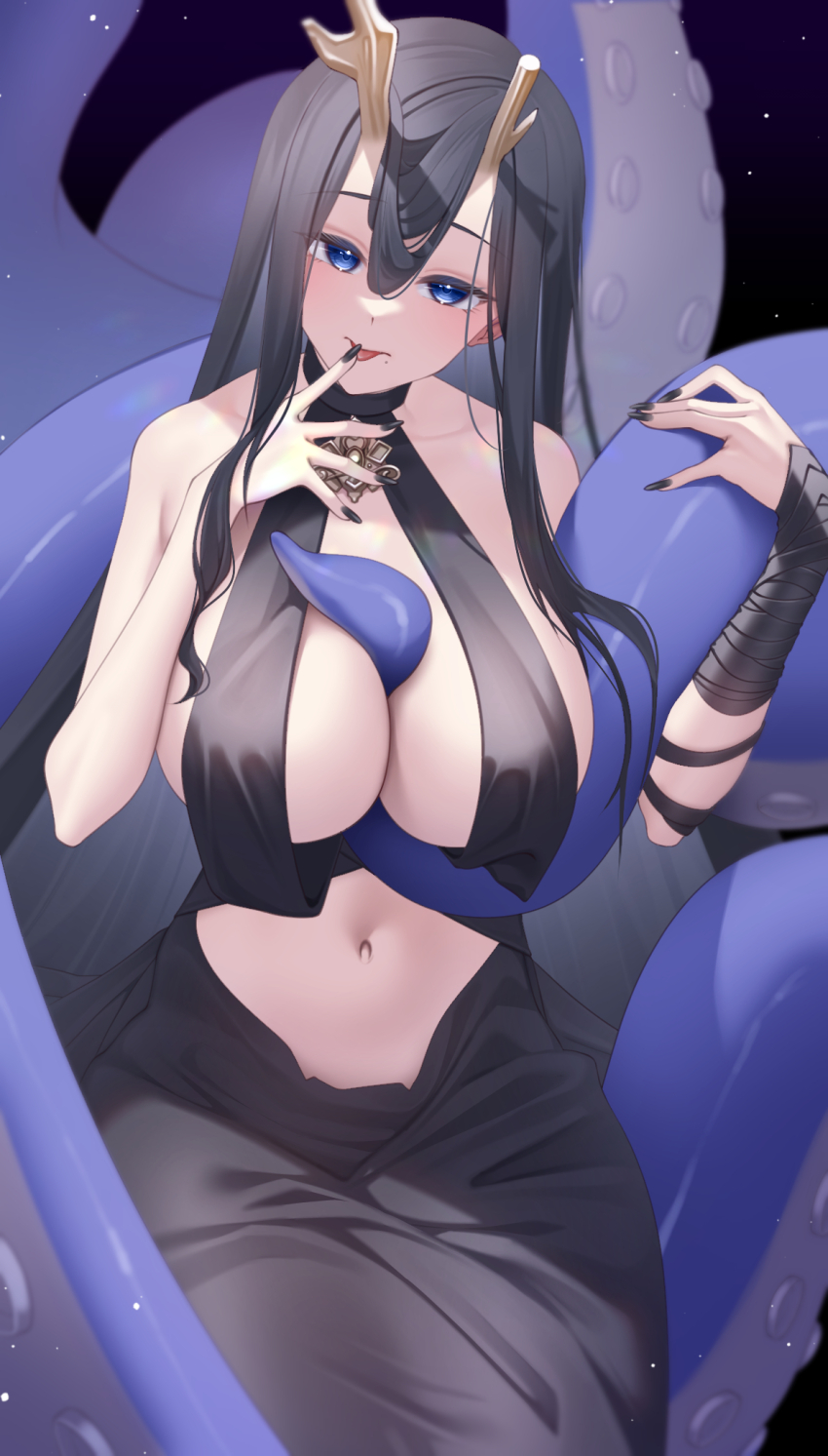 1girl, antlers, asymmetrical_antlers, azur_lane, bandaged_wrist, bandages, bare_shoulders, black_dress