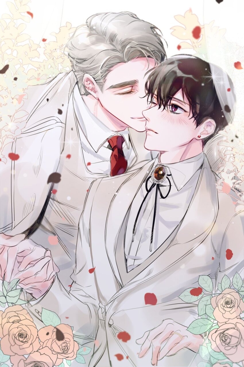 2boys, bishounen, black_hair, blonde_hair, blush, brooch, closed_eyes, closed_mouth