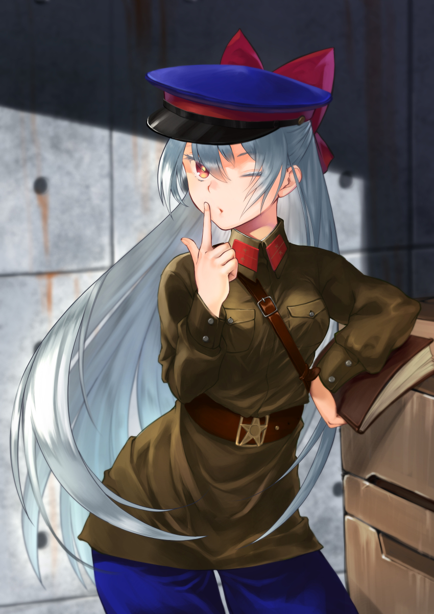 1girl, absurdres, alternate_costume, belt, blue_hat, blue_pants, bow, brown_belt, eile, finger_gun, girls'_frontline, grey_hair, gymnastiorka, hair_between_eyes, hair_bow, hat, highres, long_hair, military_uniform, nkvd, one_eye_closed, orange_eyes, pants, parted_lips, peaked_cap, red_bow, solo, soviet, tokarev_(girls'_frontline)