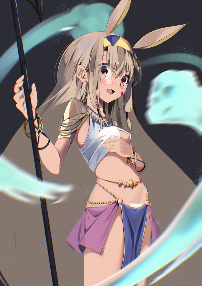 1girl, animal_ears, armor, belly_chain, bikini, blonde_hair, blue_skirt, blush, bracelet, breasts, cosplay, earrings, facepaint, facial_mark, fate/grand_order, fate/kaleid_liner_prisma_illya, fate_(series), ghost, hairband, halterneck, highres, hoop_earrings, illyasviel_von_einzbern, jackal_ears, jewelry, long_hair, looking_at_viewer, navel, nitocris_(fate), nitocris_(fate)_(cosplay), open_mouth, pauldrons, pei_iriya, pelvic_curtain, purple_skirt, red_eyes, shoulder_armor, sidelocks, skirt, small_breasts, solo, staff, swimsuit, thighs, usekh_collar, very_long_hair, white_bikini
