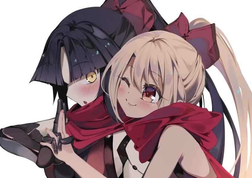 2girls, android, black_hair, blush, breasts, cosplay, fate/grand_order, fate/kaleid_liner_prisma_illya