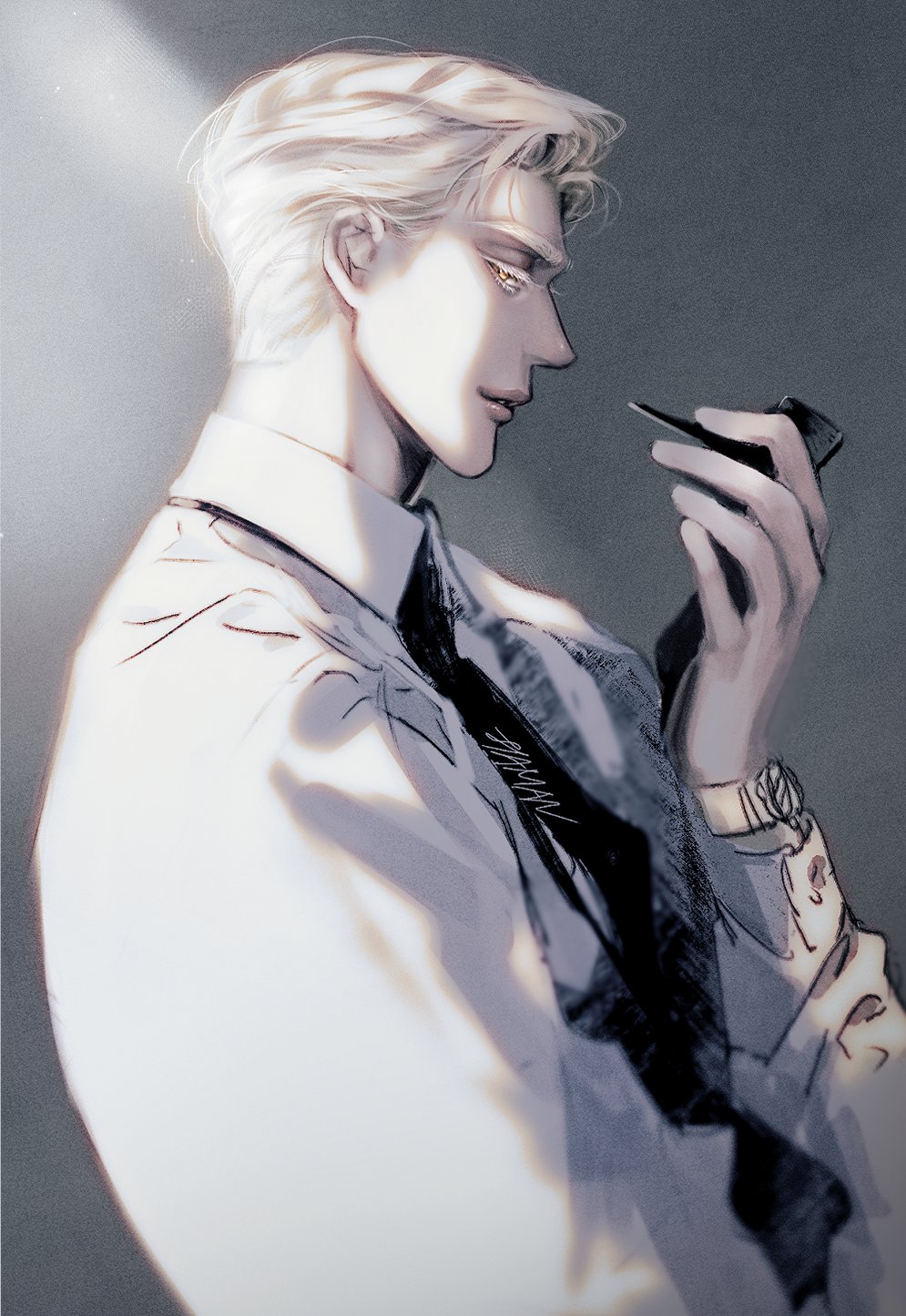 1boy, bishounen, black_necktie, blonde_hair, collared_shirt, from_side, highres, holding