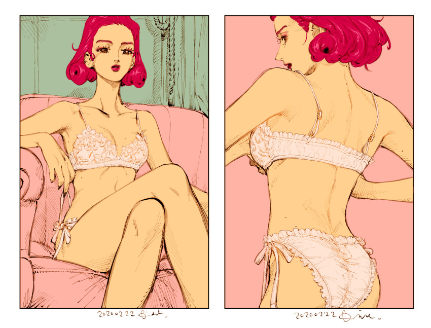 1girl, adjusting_bra, adjusting_clothes, back, beth_(veil), bra, colored_eyelashes, commentary, commentary_request, couch, crossed_legs, dated, eyelashes, eyeshadow, frilled_bra, frilled_panties, frills, hair_slicked_back, kotteri, looking_at_viewer, looking_to_the_side, makeup, multiple_views, on_couch, panties, pink_background, pink_eyeshadow, pink_hair, pink_lips, short_hair, simple_background, sitting, underwear, veil_(manga)