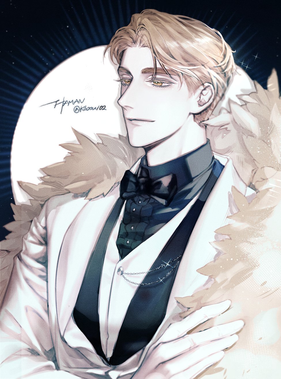 1boy, bishounen, black_bow, black_bowtie, black_shirt, black_vest, blonde_hair, bow