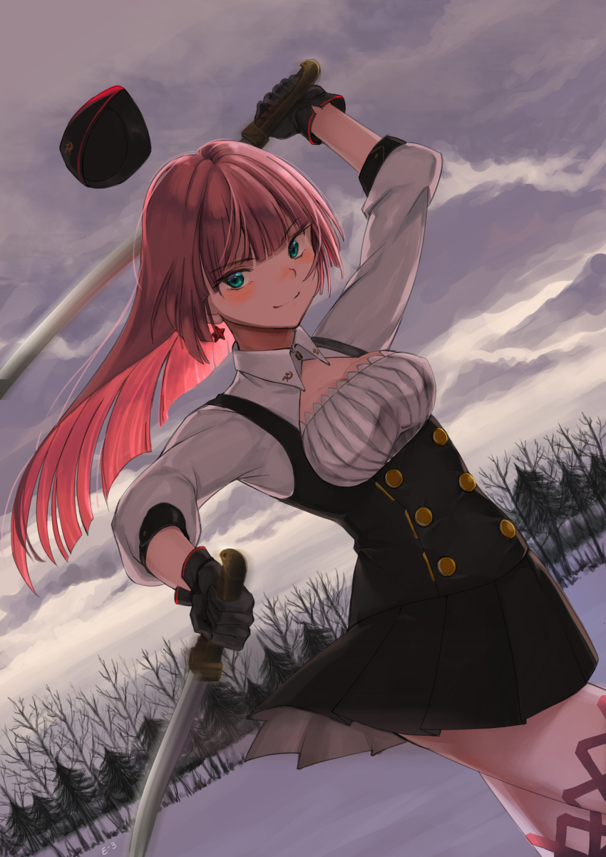 1girl, absurdres, aqua_eyes, black_gloves, black_skirt, blush, breasts, cloud, cloudy_sky, commentary, cowboy_shot, dual_wielding, earrings, eile, english_commentary, forest, garrison_cap, girls'_frontline, gloves, hammer_and_sickle, hat, highres, holding, jewelry, medium_breasts, motion_blur, nature, pink_hair, pleated_skirt, shashka, simonov_(girls'_frontline), skirt, sky, smile, snow, solo, star_(symbol), star_earrings, sword, weapon