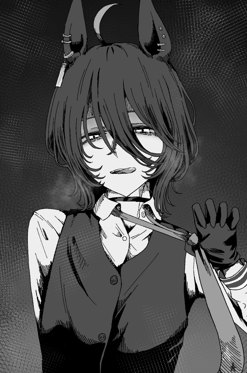 1girl, aderi1020, ahoge, alternate_hairstyle, animal_ears, bags_under_eyes, black_choker, black_gloves