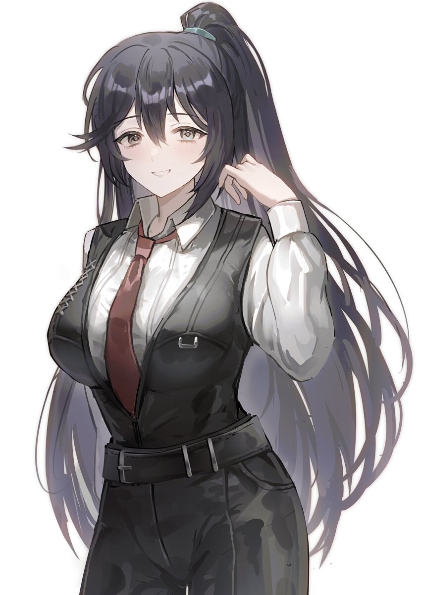 1girl, aqua_eyes, belt, black_belt, black_eyes, black_hair, black_pants, blush