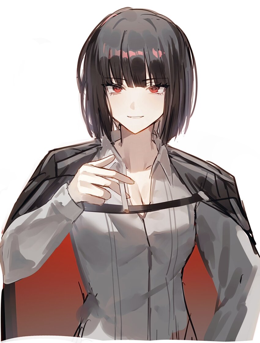1girl, black_hair, black_jacket, bonno_sasu, cigarette, collarbone, grin, hand_up