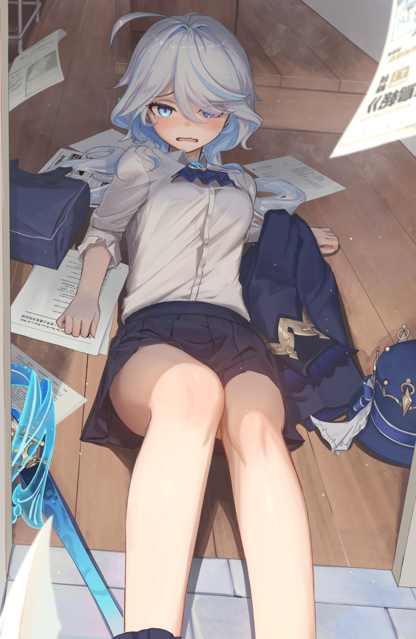 1girl, absurdres, ahoge, ascot, aton_(aton2503), black_skirt, blue_ascot, blue_eyes