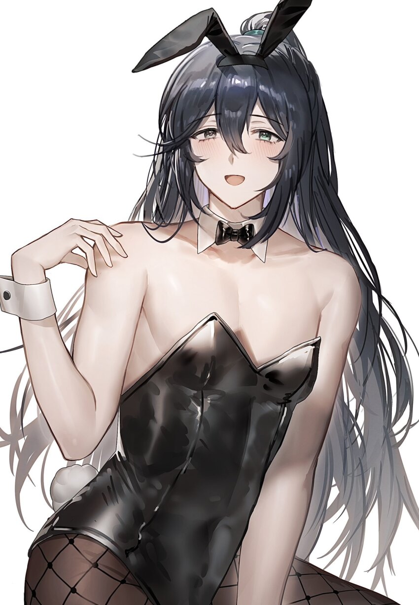 1boy, animal_ears, aqua_eyes, bare_arms, black_bow, black_bowtie, black_eyes, black_hair, black_leotard, blush, bonno_sasu, bow, bowtie, crossdressing, crossdressing_(mtf), detached_collar, fake_animal_ears, fake_tail, fishnet_pantyhose, fishnets, heterochromia, high_ponytail, highres, hong_lu_(project_moon), leotard, limbus_company, long_hair, male_focus, male_playboy_bunny, open_mouth, pantyhose, ponytail, project_moon, rabbit_ears, rabbit_tail, simple_background, smile, solo, tail, traditional_bowtie, very_long_hair, white_background, wrist_cuffs