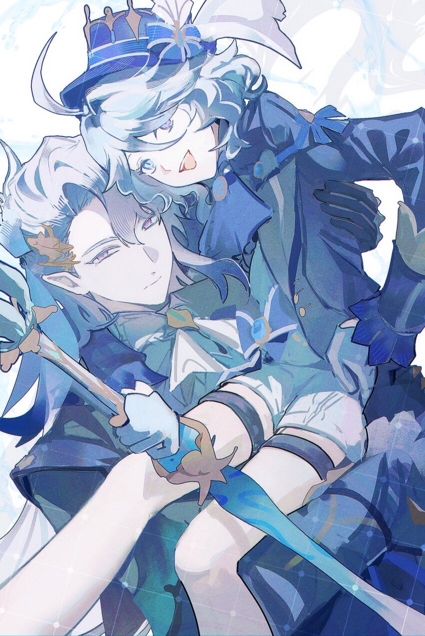 1boy, 1girl, ahoge, ascot, black_gloves, blue_ascot, blue_bow, blue_eyes, blue_hair, blue_jacket, bow, carrying, closed_mouth, furina_(genshin_impact), genshin_impact, gloves, hair_between_eyes, hat, heterochromia, highres, jacket, legs, long_hair, looking_at_viewer, mm19_mumu, multicolored_hair, neuvillette_(genshin_impact), open_mouth, purple_eyes, short_hair, shorts, sidelocks, simple_background, streaked_hair, teeth, top_hat, two-tone_hair, upper_teeth_only, white_background, white_shorts