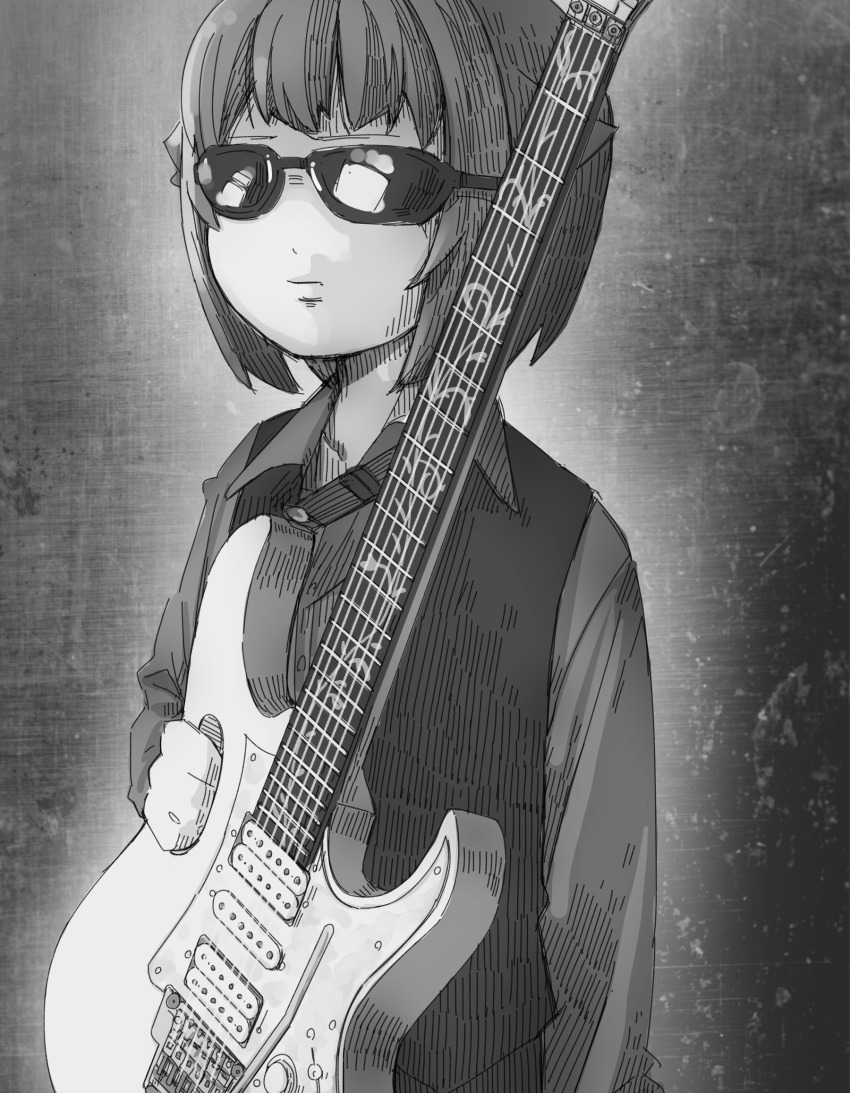 1girl, closed_mouth, collared_shirt, electric_guitar, greyscale, guitar, hair_flaps, highres