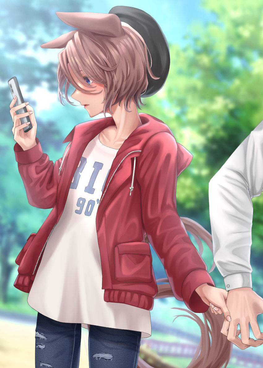 1boy, 1girl, absurdres, aderi1020, animal_ears, black_headwear, blue_eyes, blurry