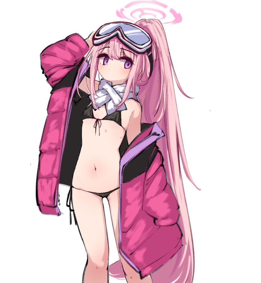 1girl, absurdres, aged_down, alternate_breast_size_(smaller), bikini, black_bikini, blue_archive, closed_mouth, eimi_(blue_archive), eimi_(swimsuit)_(blue_archive), feet_out_of_frame, female_focus, flat_chest, goggles, goggles_on_head, halo, highres, jacket, kimhiro, loli, long_hair, long_sleeves, looking_at_viewer, navel, official_alternate_costume, open_clothes, open_jacket, pink_eyes, pink_hair, pink_halo, pink_jacket, ponytail, scarf, solo, swimsuit, very_long_hair, white_scarf