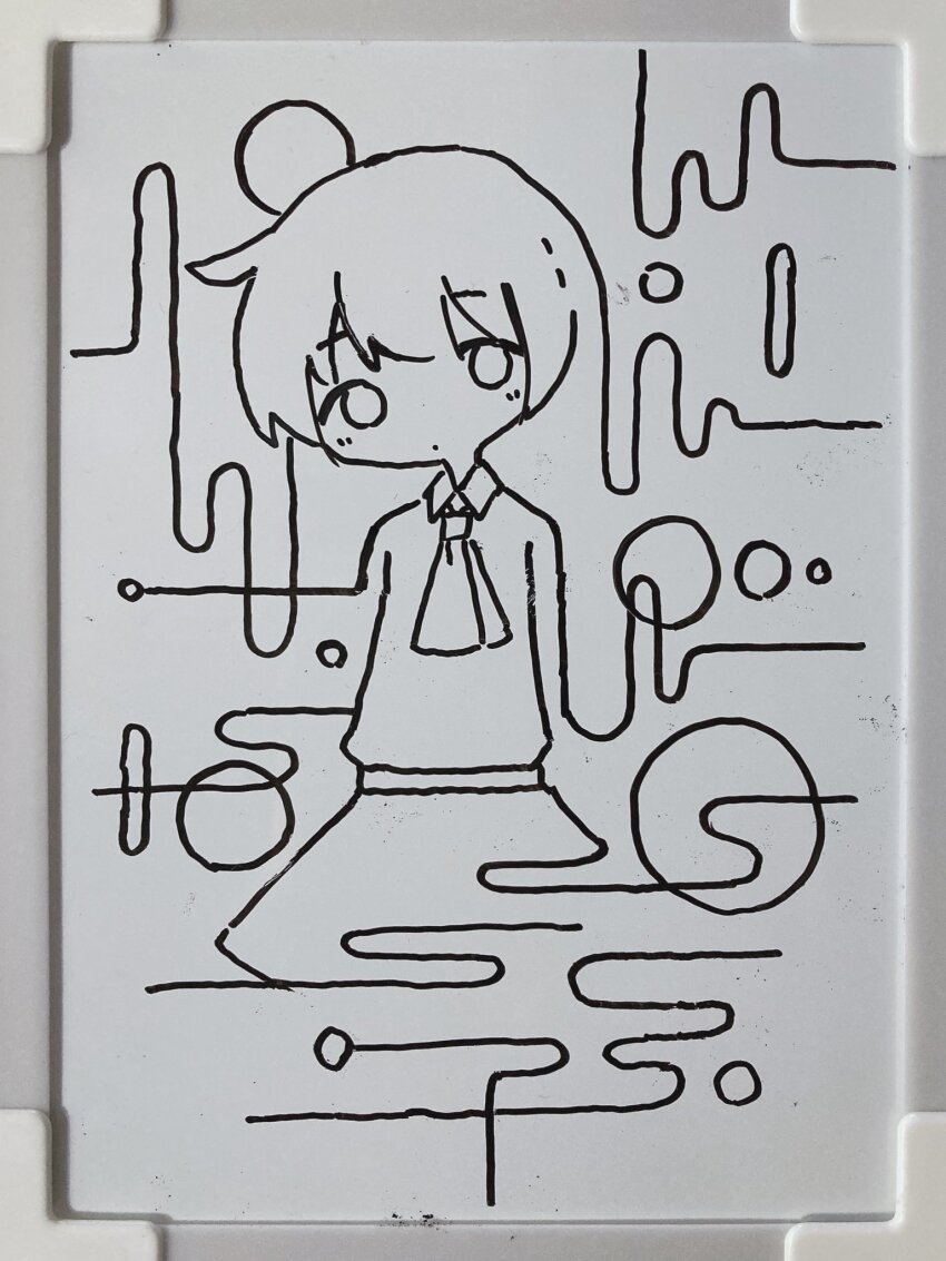 1girl, abstract, ascot, circle, collared_shirt, colo_(frypan_soul), cowboy_shot, greyscale