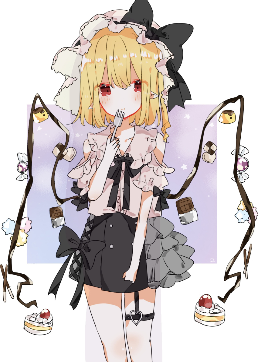 1girl, alternate_costume, alternate_wings, bare_shoulders, black_bow, black_bowtie, black_skirt, blonde_hair, blush, bow, bowtie, buttons, candy, center_frills, checkerboard_cookie, chocolate, chocolate_bar, closed_mouth, collarbone, cookie, cowboy_shot, flandre_scarlet, food, fork, frilled_sleeves, frills, hair_between_eyes, hat, hat_bow, heart, heart_o-ring, highres, holding, holding_fork, looking_at_viewer, medium_hair, mob_cap, name_connection, nishiki1225, o-ring, object_namesake, pocky, pointy_ears, pudding, puffy_short_sleeves, puffy_sleeves, red_eyes, shirt, short_sleeves, simple_background, skirt, sleeve_bow, solo, thigh_strap, touhou, whipped_cream, white_background, white_hat, white_shirt, wings, wrapped_candy