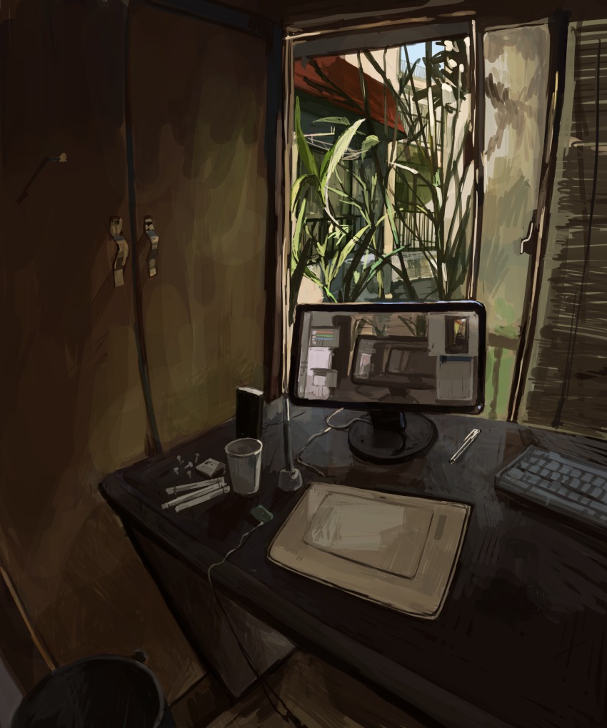 absurdres, bad_id, bad_pixiv_id, bamboo, denchou, drawing_tablet, glass, highres