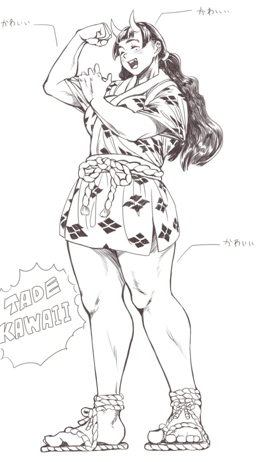 1girl, :d, black_hair, blunt_bangs, chipped_tooth, dungeon_meshi, flexing, full_body, highres, horns, inutade, japanese_clothes, kimono, light_blush, long_hair, mole, mole_under_eye, monochrome, muscular, muscular_female, oni, open_mouth, patterned_clothing, short_kimono, skin-covered_horns, smile, tall_female, translated, tutu_ura_ura, twintails, waraji, white_background