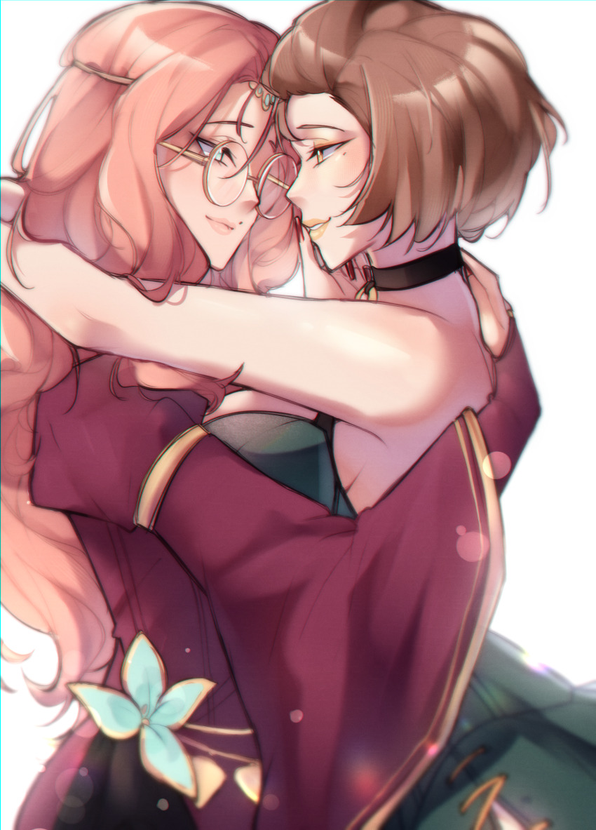 2girls, absurdres, arms_around_neck, bare_shoulders, breasts, brooch, brown_eyes, brown_hair, choker, circlet, commission, cornelia_arnim, dress, eye_contact, eyeshadow, fire_emblem, fire_emblem:_three_houses, flower_brooch, forehead_jewel, glasses, green_dress, green_eyes, hair_slicked_back, hand_on_another's_head, highres, jewelry, large_breasts, lipstick, long_hair, looking_at_another, makeup, manuela_casagranda, mature_female, mole, mole_above_mouth, mole_under_eye, multiple_girls, nail_polish, nams_schmellows, nintendo, orange_eyeshadow, orange_hair, orange_lips, pink_hair, round_eyewear, second-party_source, short_hair, side_slit, sketch, smile, upper_body, white_background, yellow-framed_eyewear, yuri