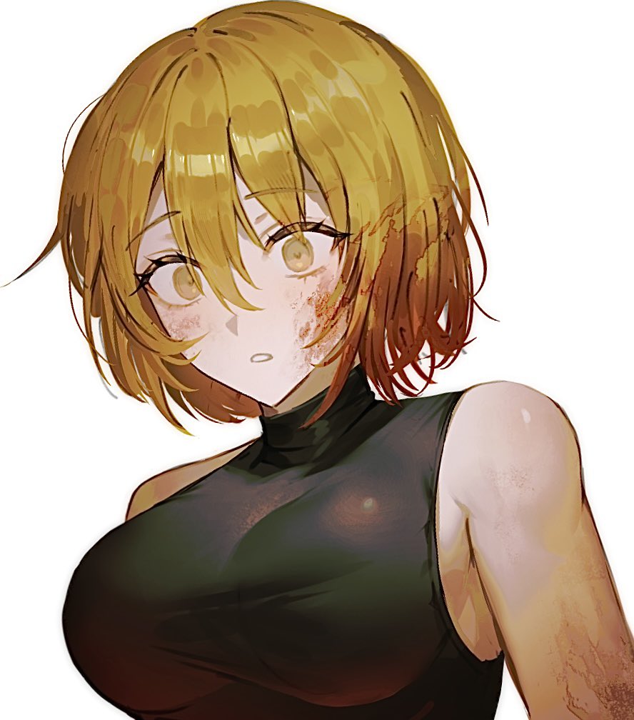 1girl, bare_shoulders, blonde_hair, blood, blood_in_hair, blood_on_face, bonno_sasu, breasts, don_quixote_(project_moon), large_breasts, limbus_company, parted_lips, project_moon, shirt, simple_background, sleeveless, sleeveless_shirt, solo, white_background, yellow_eyes