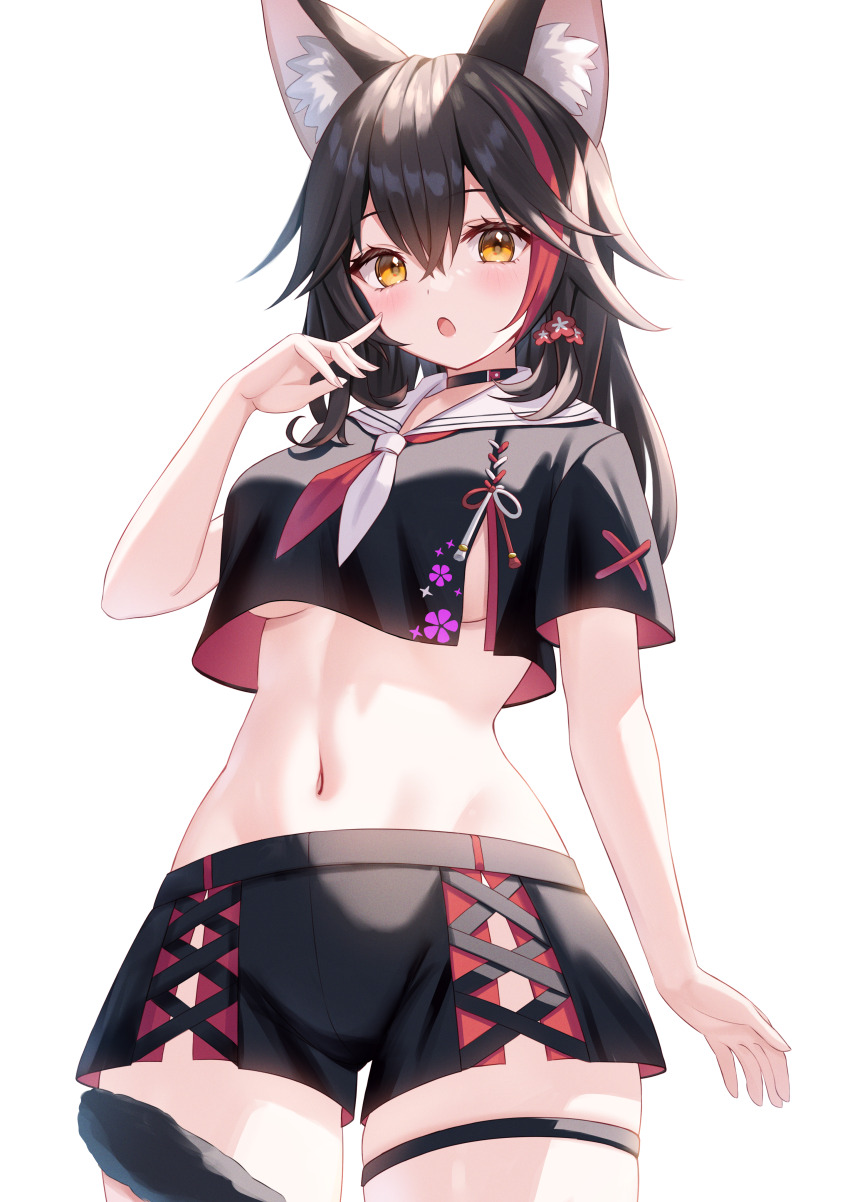 1girl, absurdres, animal_ear_fluff, animal_ears, black_choker, black_hair, black_shirt, black_shorts