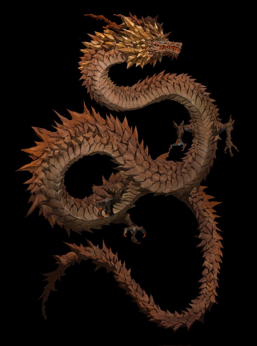 animal_focus, antlers, black_background, blue_eyes, claws, clenched_teeth, colored_teeth, dragon