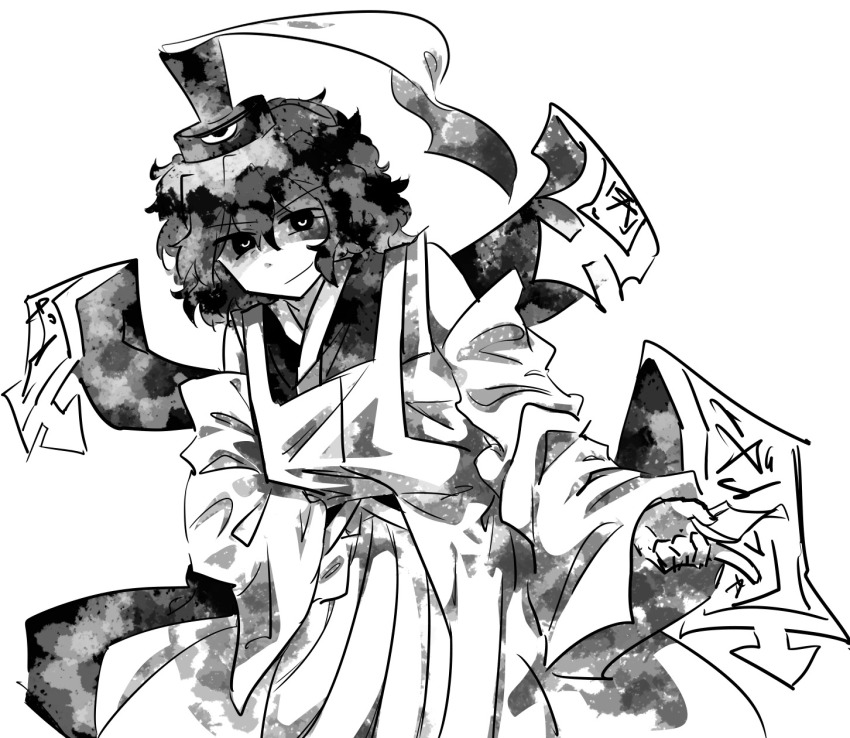 1other, androgynous, chiosu, closed_mouth, detached_sleeves, greyscale, hakama, hakama_skirt, hand_on_own_hip, hat, highres, japanese_clothes, kariginu, kimono, len'en, long_sleeves, medium_hair, monochrome, other_focus, senri_tsurubami, simple_background, skirt, sleeveless, sleeveless_kimono, smile, solo, tate_eboshi, white_background