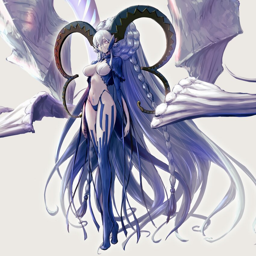 +_+, 152_in_can, 1girl, absurdres, blue_hair, braid, breasts, curled_horns