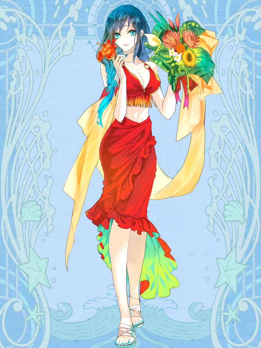 1girl, :d, aoi_fujimiya, art_nouveau, blue_background, blue_eyes, blue_nails, bouquet, braid, breasts, cleavage, dairoku_ryouhei, feet, flower, full_body, gradient_hair, hibiscus, highres, holding, holding_bouquet, holding_flower, legs, lily_(flower), long_hair, looking_at_viewer, medium_breasts, midriff, multicolored_hair, nail_polish, navel, open_mouth, red_skirt, sandals, shachi_(tw), skirt, smile, solo, standing, toenail_polish, toenails, toes