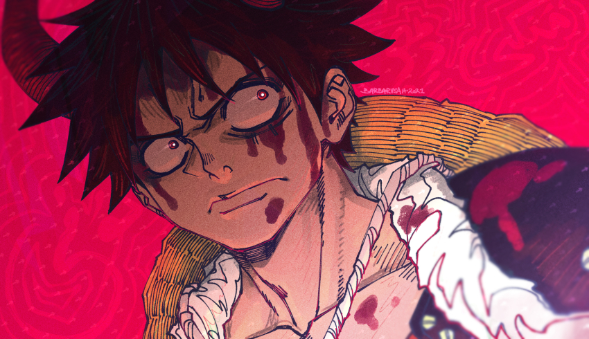 1boy, barbarvsah, black_hair, blood, blood_on_clothes, blood_on_face, closed_mouth, collarbone