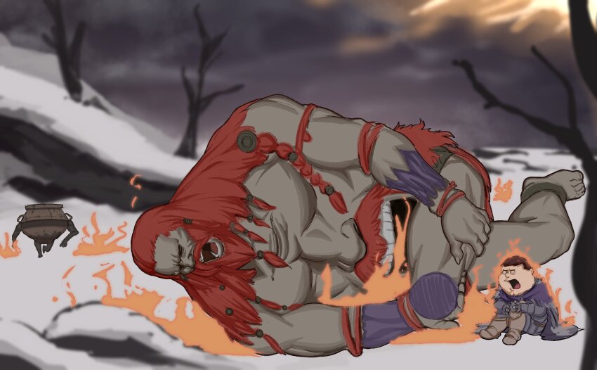 2boys, armor, beard, braid, braided_beard, broken_leg, brown_hair, cape