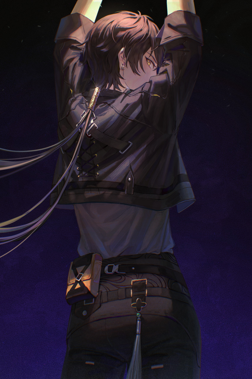 1boy, absurdres, arms_up, back, belt, belt_buckle, belt_pouch, black_belt, black_hair, black_jacket, black_pants, blue_background, buckle, chinese_commentary, commentary, cowboy_shot, cropped_jacket, cross-laced_jacket, earrings, from_behind, gradient_background, highres, jacket, jewelry, lishijiu, long_hair, looking_at_viewer, looking_back, low_ponytail, male_focus, male_rover_(wuthering_waves), multiple_belts, pants, ponytail, pouch, procreate_(medium), rover_(wuthering_waves), short_sleeves, solo, stud_earrings, tassel, undershirt, wuthering_waves, yellow_eyes