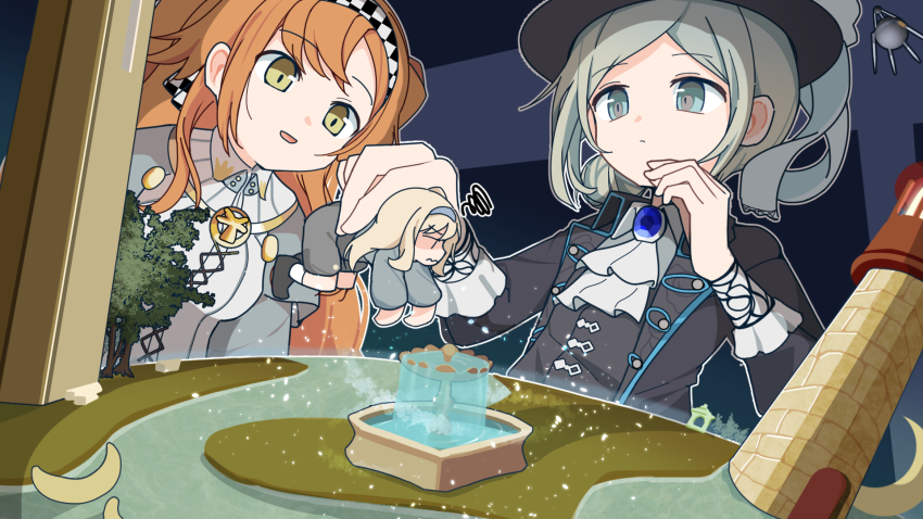 ascot, black_coat, black_footwear, black_headwear, black_vest, blonde_hair, blue_bow, blue_hairband