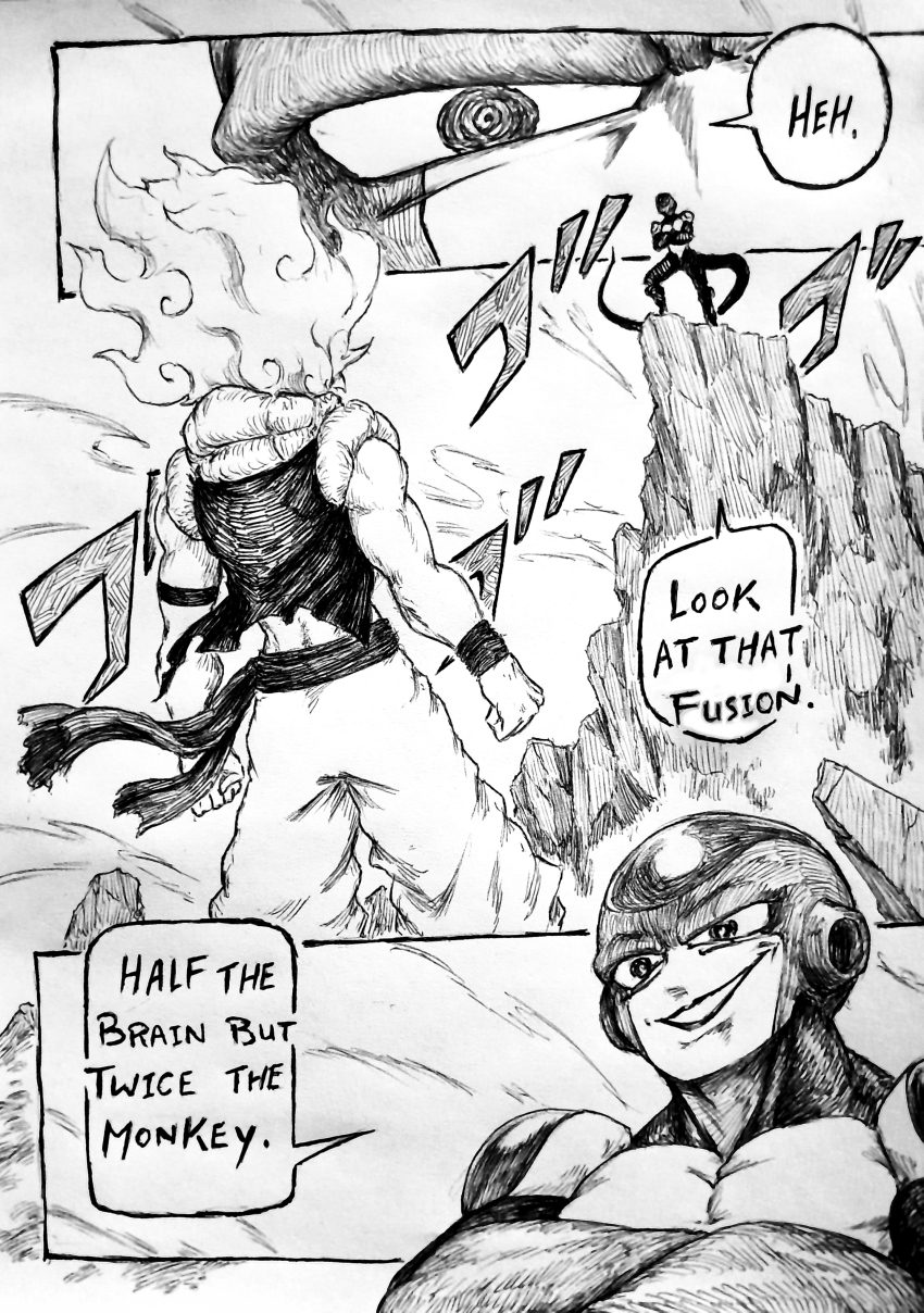 2boys, absurdres, arm_strap, black_frieza, chronozbergh, cliff, commentary, dragon_ball, dragonball_z, english_text, evil_smile, frieza, fusion, gear_fifth, graphite_(medium), greyscale, highres, male_focus, metamoran_vest, monkey_d._luffy, monochrome, multiple_boys, muscular, muscular_male, one_piece, smile, son_goku, speech_bubble, tail, traditional_media