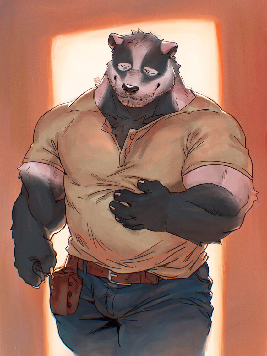 1boy, artist_logo, badger_boy, badger_ears, bara, belt, bulge, claws