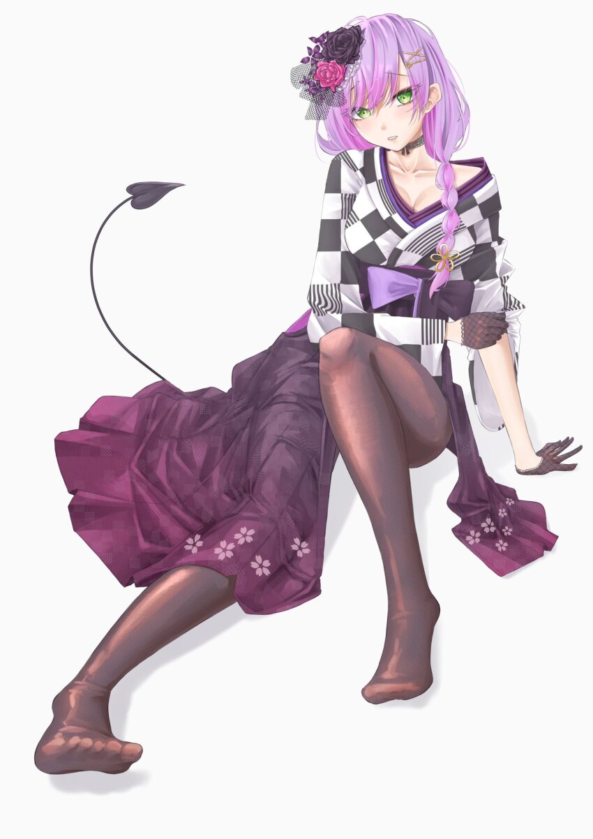 1girl, black_kimono, braid, braided_ponytail, breasts, brown_pantyhose, cleavage, collarbone