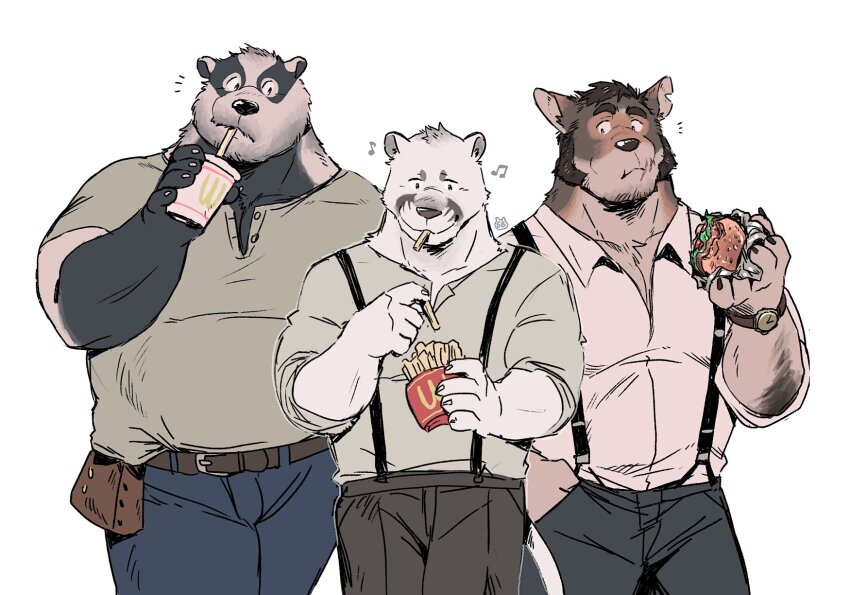 animal_ears, artist_logo, bara, burger, commentary, cup, drink, drinking_straw, drinking_straw_in_mouth, echo_project, english_commentary, food, food_in_mouth, french_fries, gamubear, hand_in_pocket, highres, holding, holding_cup, holding_drink, holding_food, logo, looking_at_another, looking_at_food, musical_note, nikolai_krol_(the_smoke_room), notice_lines, panther_ears, panther_tail, pectoral_cleavage, pectorals, samuel_ayers_(the_smoke_room), scar, scar_on_face, scar_on_mouth, suspenders, tail, the_smoke_room, thick_eyebrows, white_background, william_adler_(the_smoke_room)