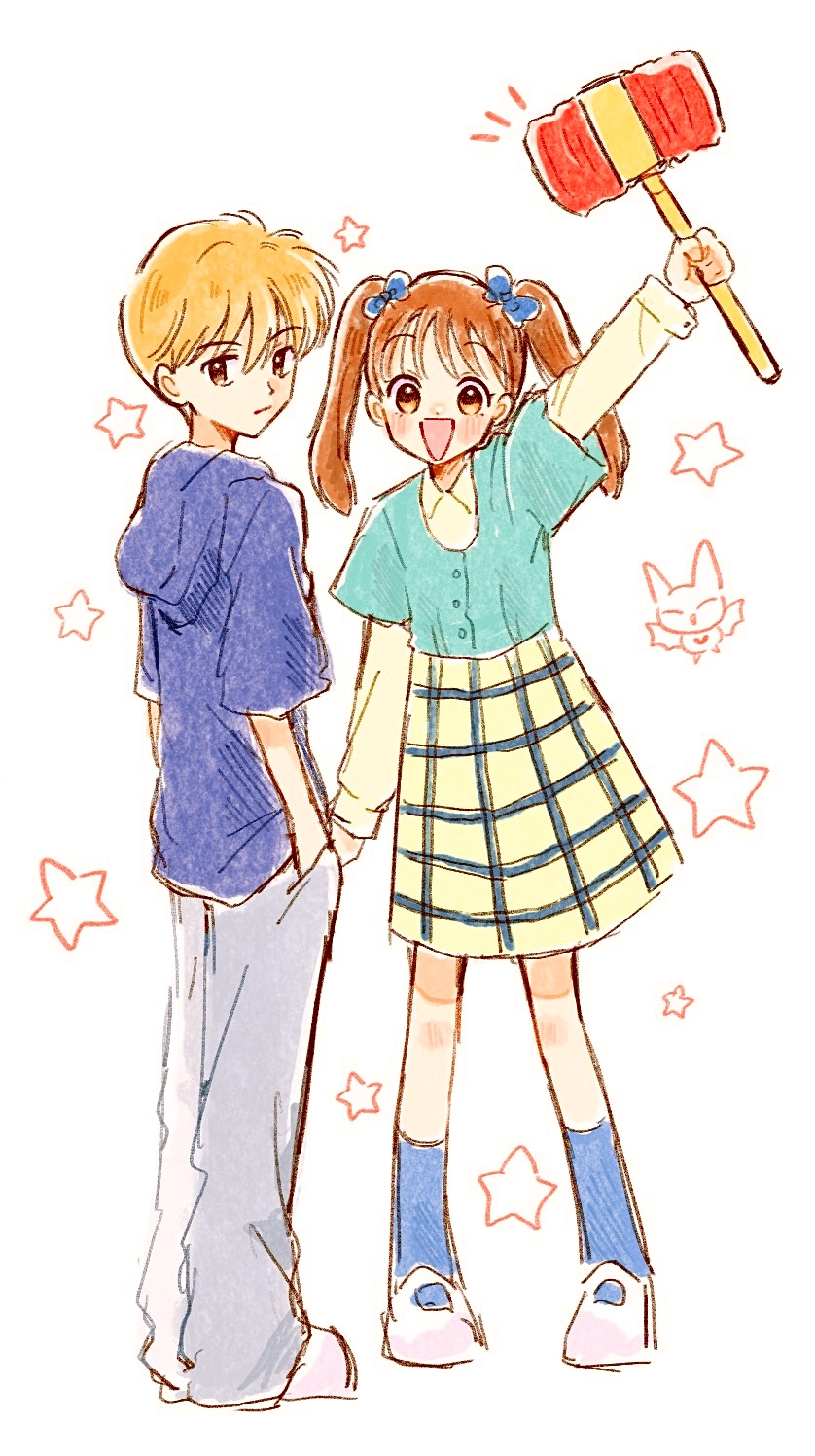 1boy, 1girl, :|, babbit, blonde_hair, blue_hoodie, blue_ribbon, blue_shirt